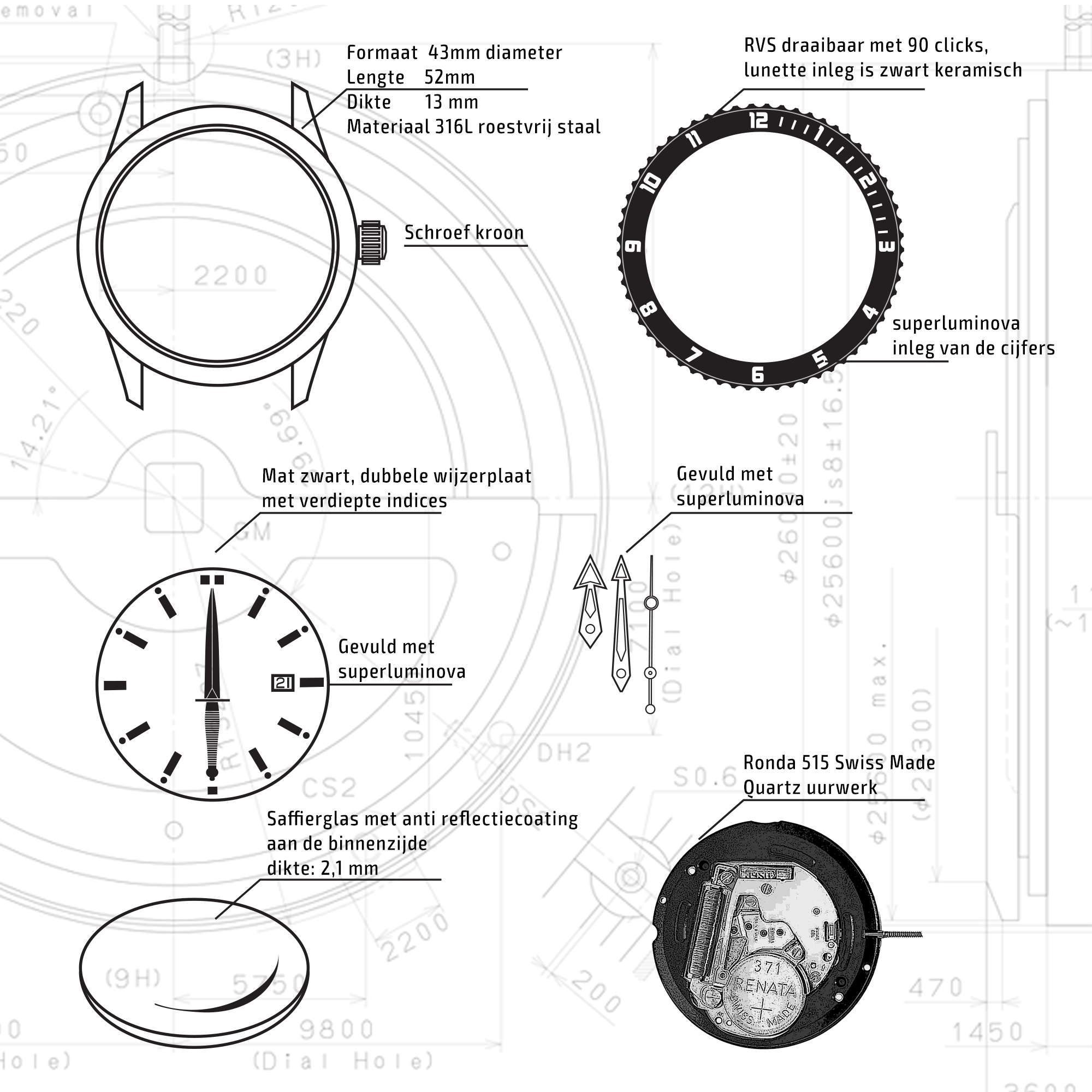 Commando-horloge technische tekening